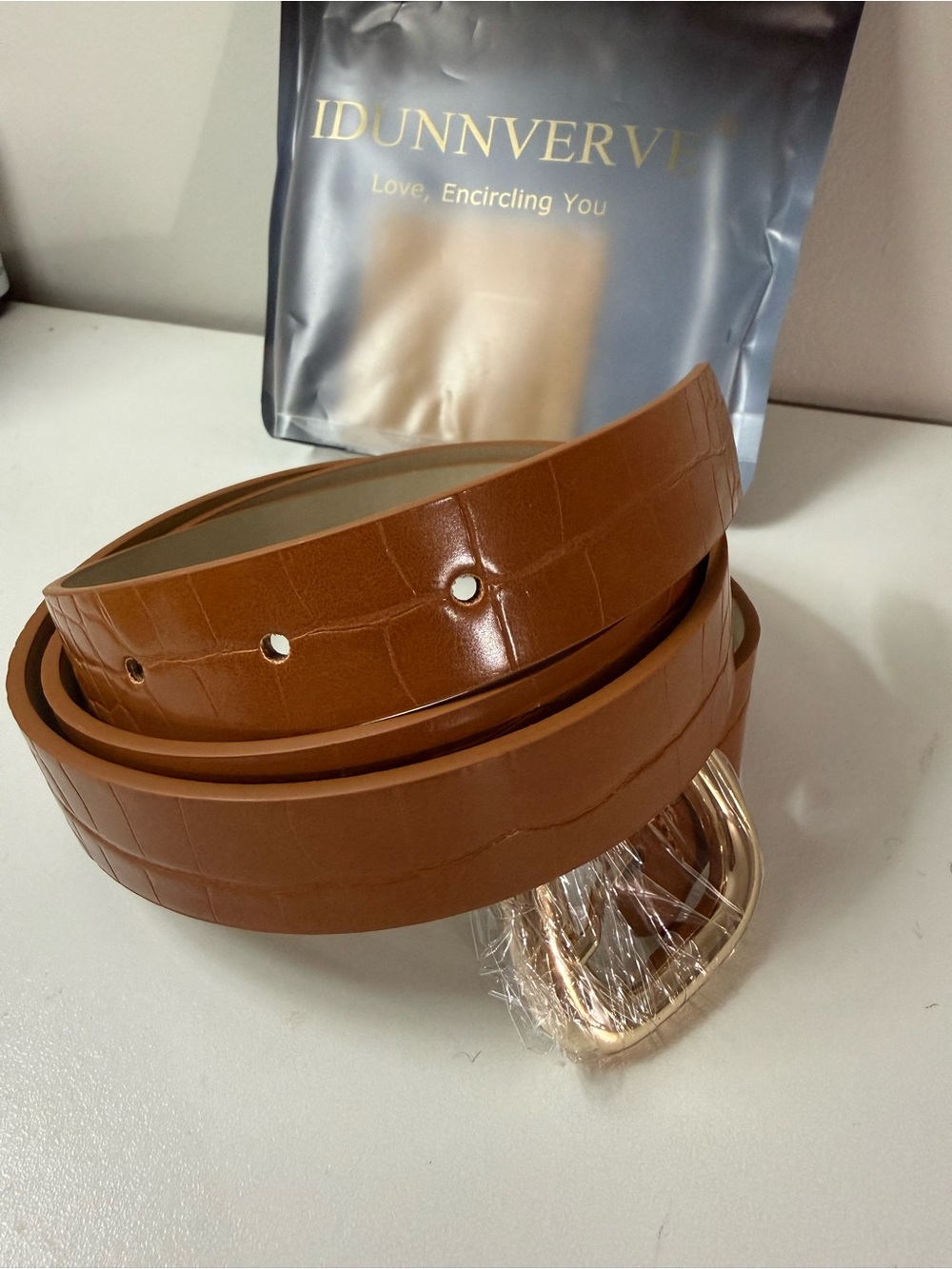 Cognac Croc-Embossed Women’s Belt with Gold Buckle